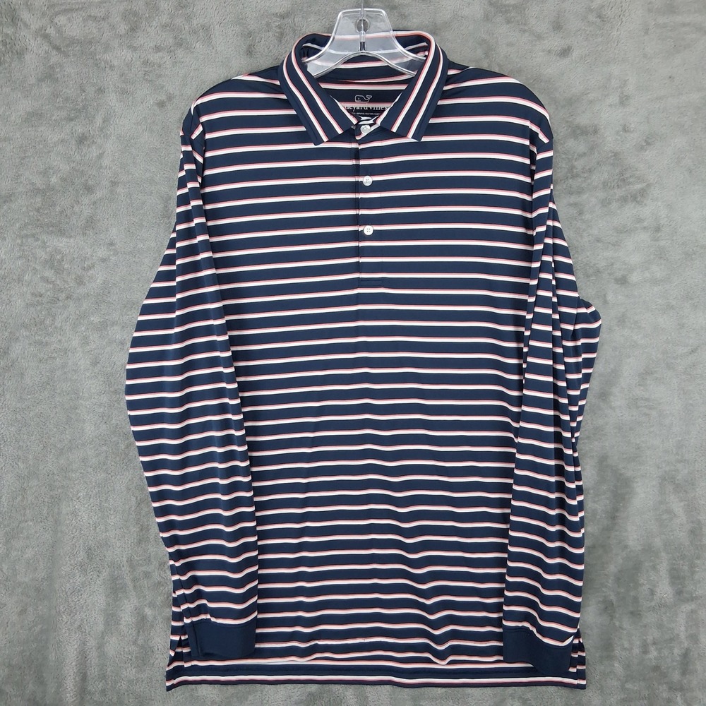 Vineyard Vines Mens Medium Performance Polo Shirt Navy Striped Long Sleeve